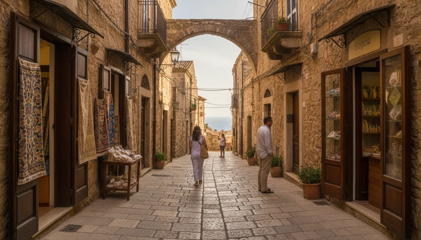 Una strada di un centro storico del Sud Italia con le botteghe aperte