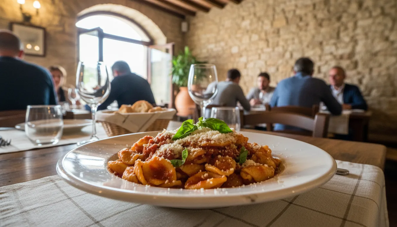 Piatto di orecchiette al sugo servito in tavola